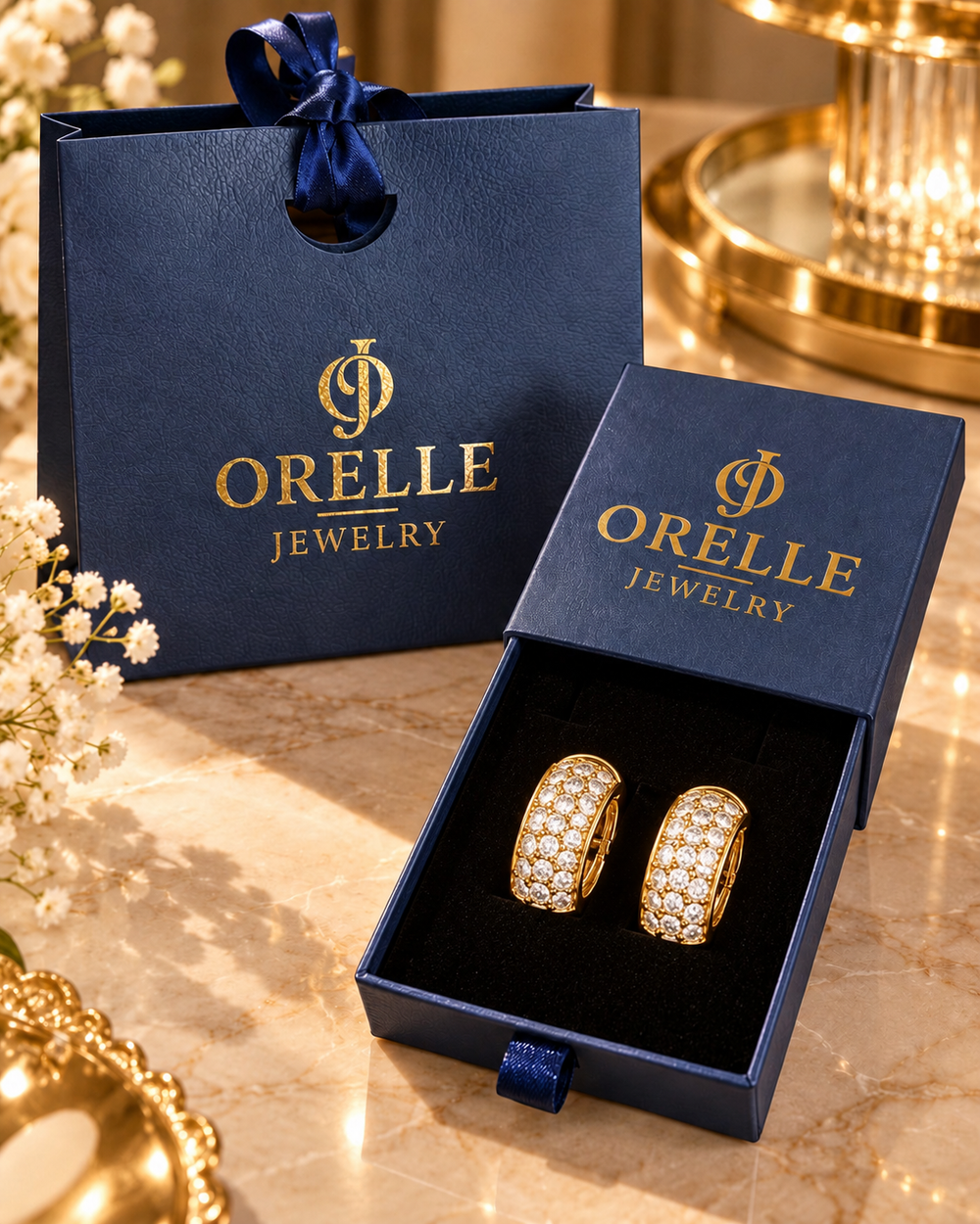 Gold-Tone Crystal Pave Huggie Earrings in Orelle packaging
