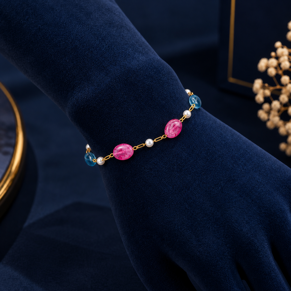 Gold-Tone Pink & Blue Bead Bracelet