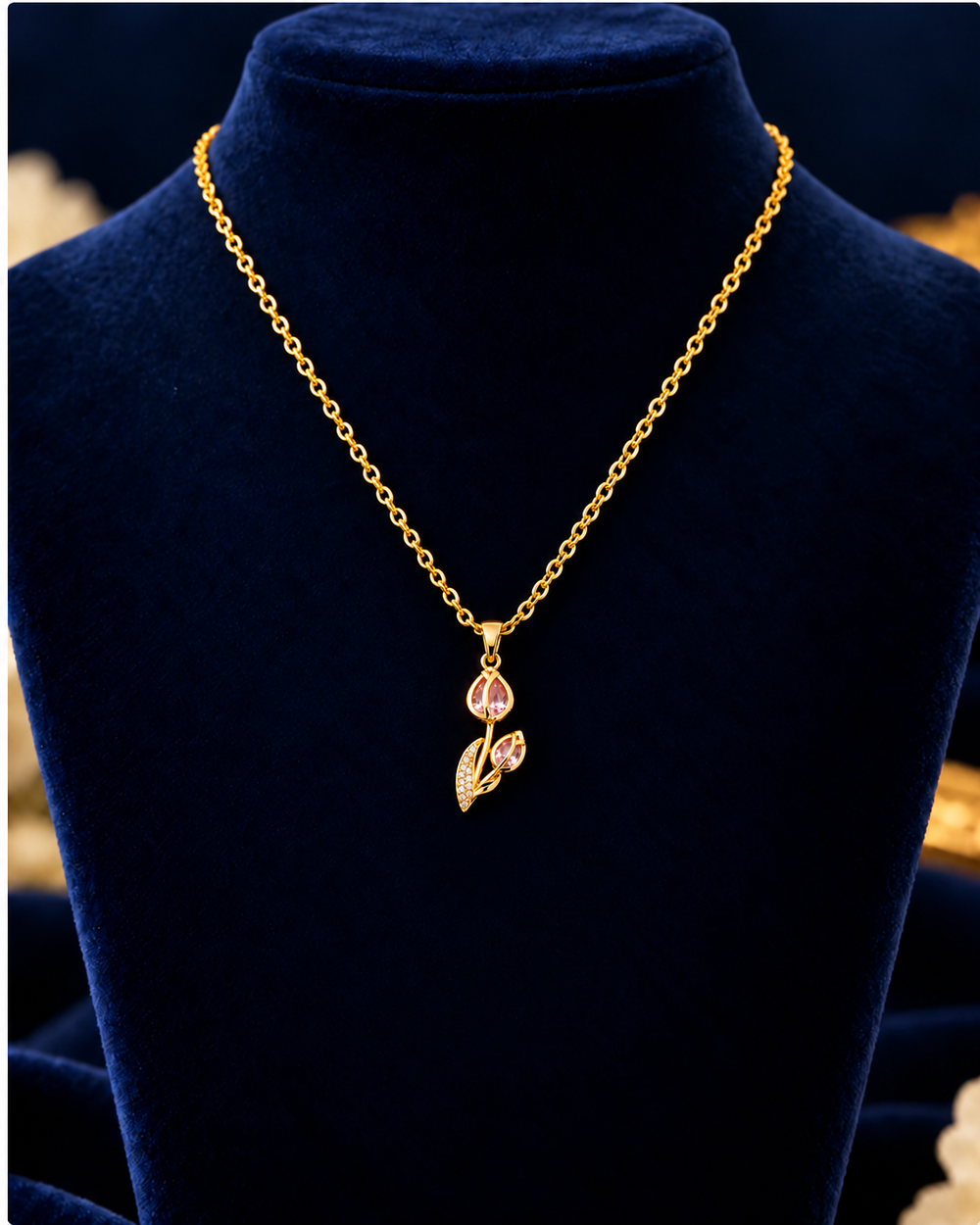 Gold-Tone Pink Crystal Tulip Necklace