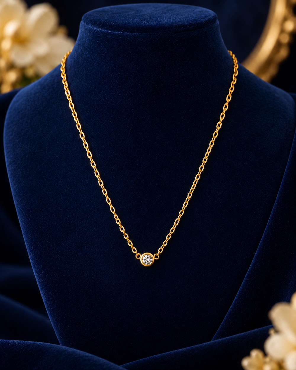 Gold-Tone Round Crystal Necklace – Classic on navy velvet