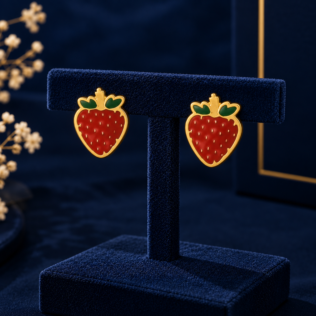 Gold-Tone Strawberry Stud Earrings on navy velvet