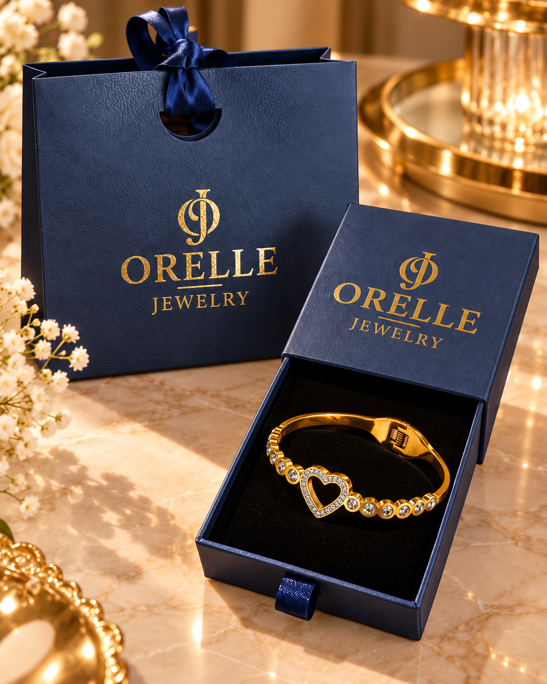 Gold-Tone Crystal Heart Bangle inside Orelle gift packaging