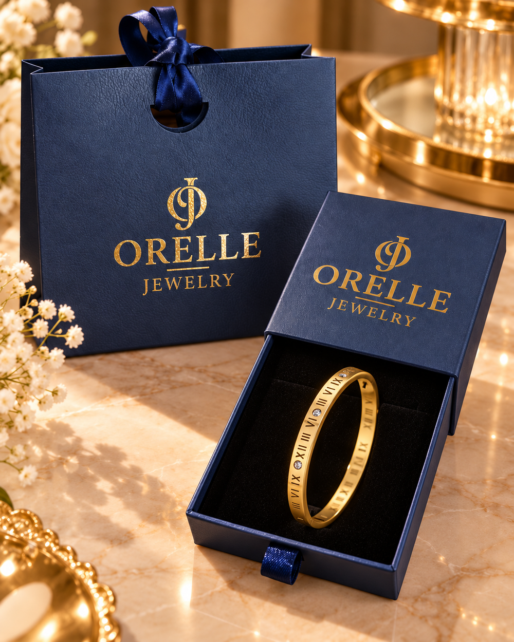 Gold-Tone Roman Numeral Crystal Bangle inside Orelle gift packaging