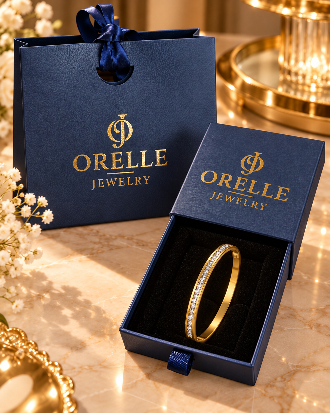 Gold-Tone Crystal Line Bangle inside Orelle gift packaging