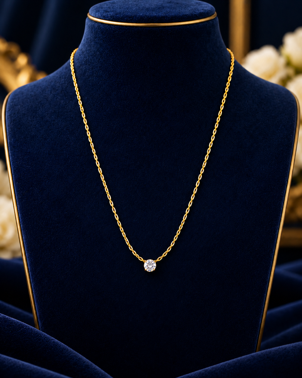 Gold-Tone Round Crystal Necklace – Style 2 on navy velvet
