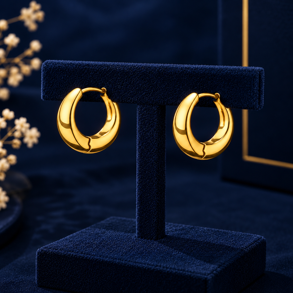 Gold-Tone Chunky Huggie Earrings on navy velvet