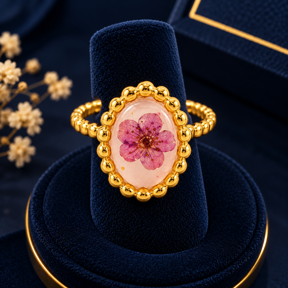 Gold-Tone Purple Flower Ring on navy velvet