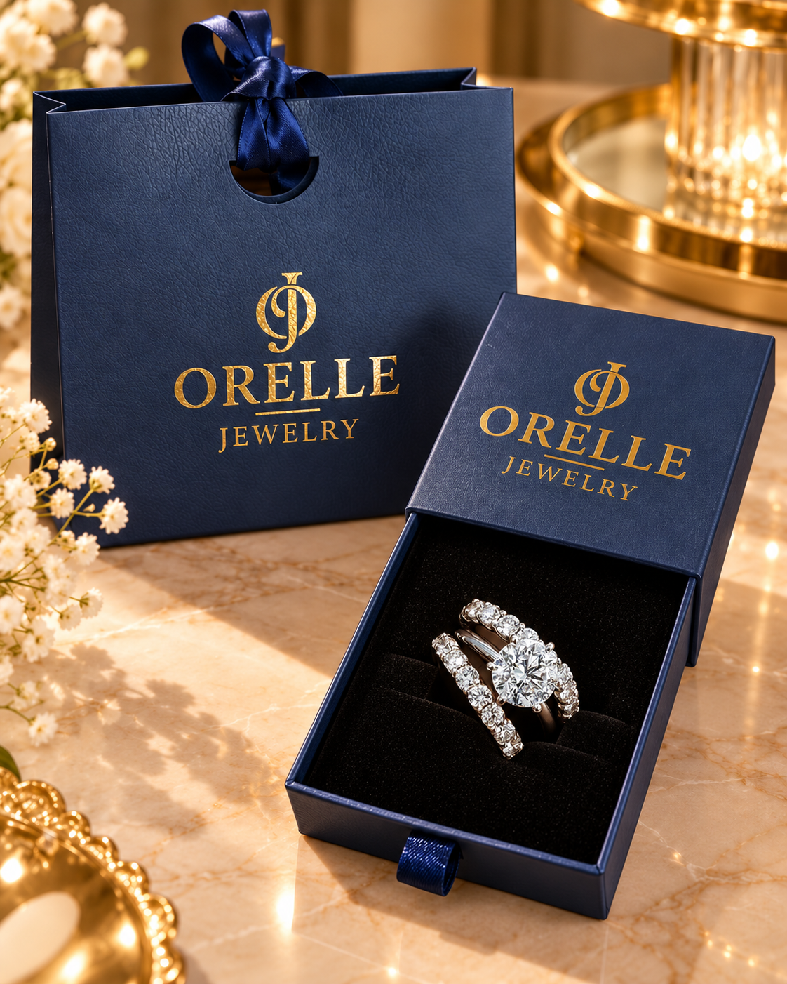 Silver-Tone Triple Band Crystal Ring Set inside Orelle gift packaging