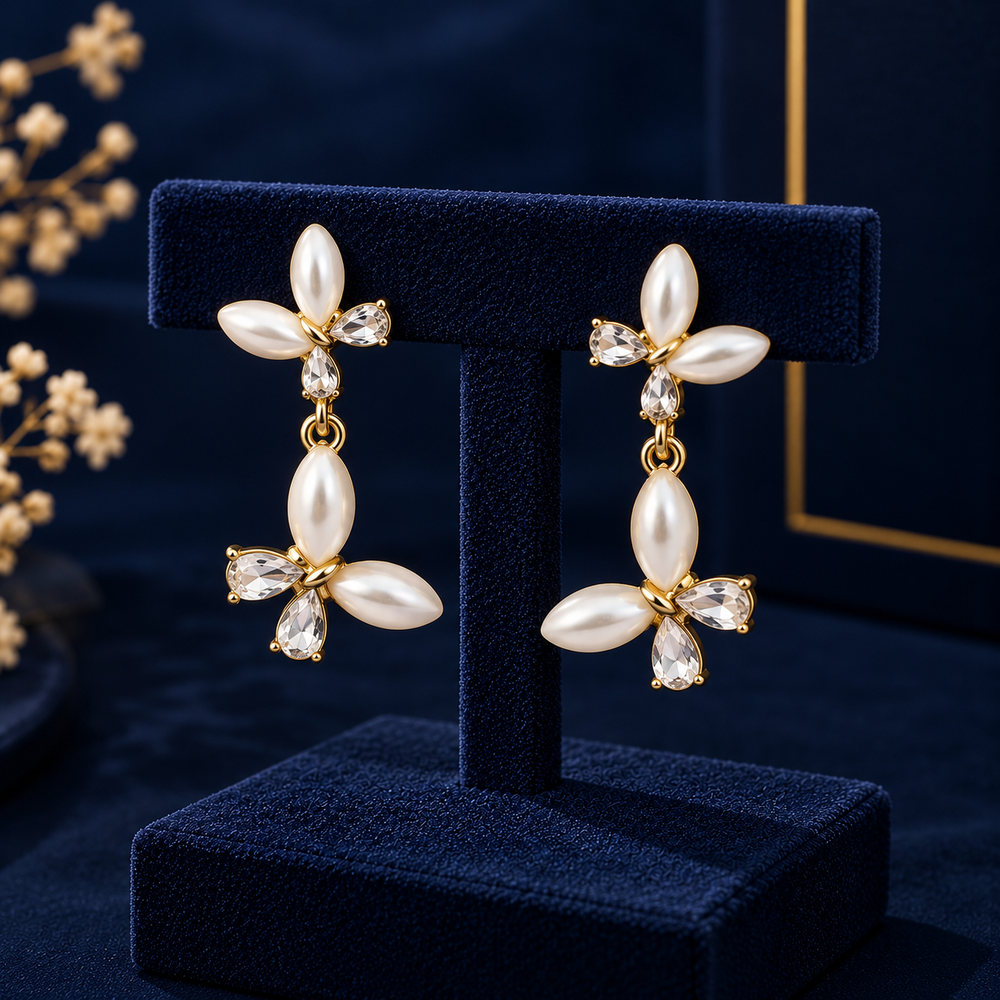 Pearl butterfly drop earrings on navy velvet